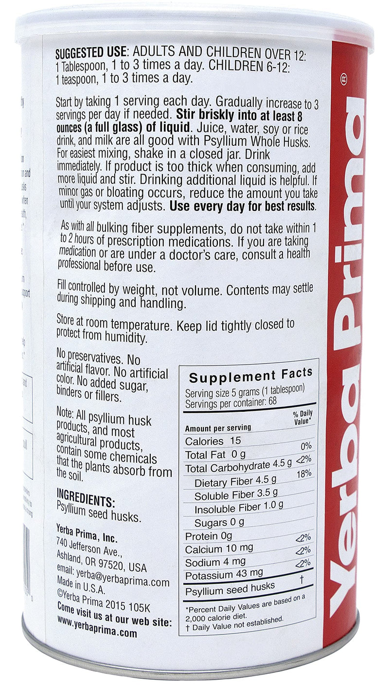 Yerba Prima Psyllium Husk, 12 Ounce - Whole Husk Fiber Supplement, Vegan, No Sugar or Artificial Sweeteners, Non GMO, Gluten Free