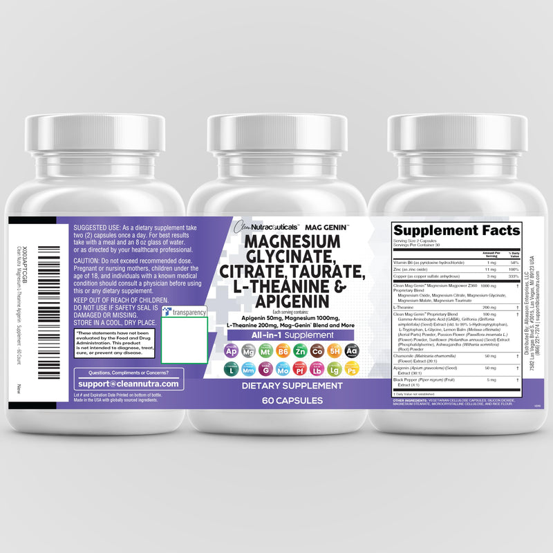 Clean Nutraceuticals Magnesium Glycinate Complex 1000mg with L-Theanine 200mg and Apigenin 50mg Citrate Taurate – 60 Count Pack of 2