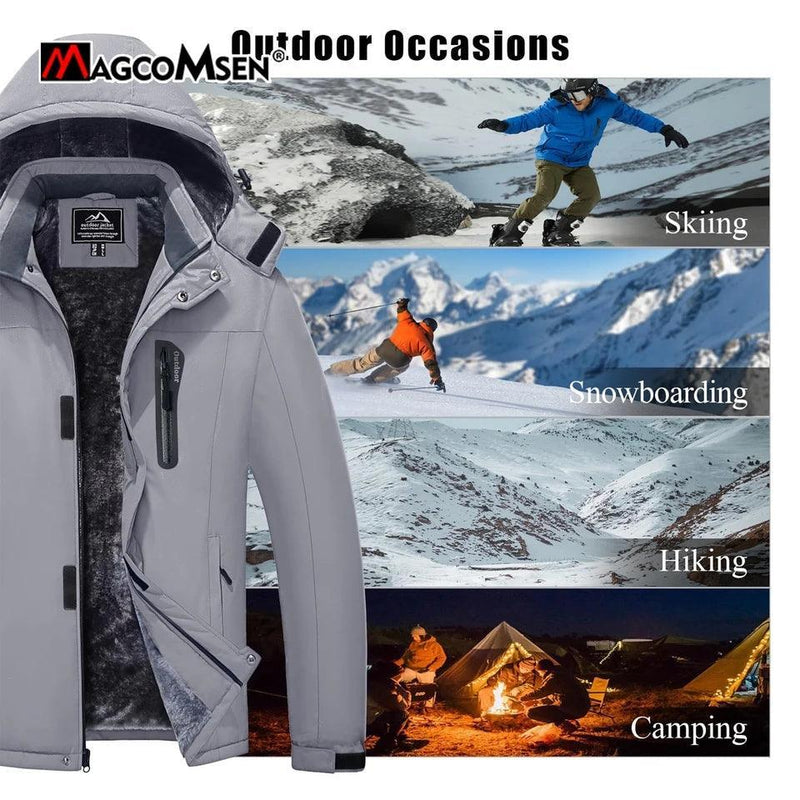 MAGCOMSEN Men's Fleece Thicken Jackets Waterproof Shell Hooded Coats Multi-pockets Winter Hiking Skiing Travel Jacket