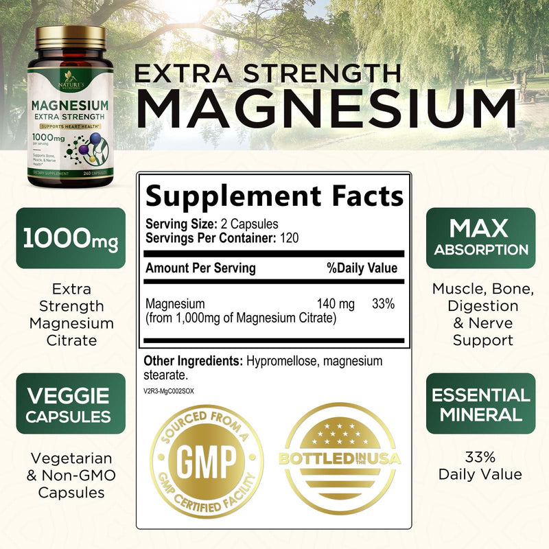 Magnesium 1000 mg Citrate - High Potency Mineral Support (Bone, Heart, Nerves & Muscles) - 240 Capsules