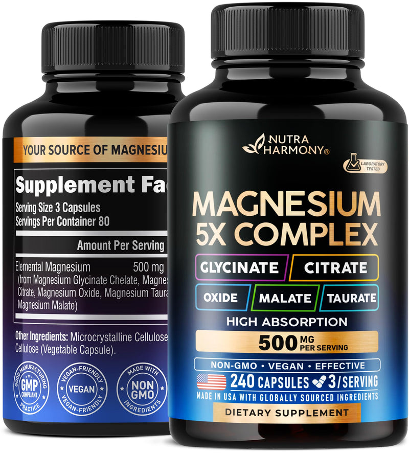 Magnesium 5-in-1 Complex 500 mg – Glycinate, Citrate, Malate, Taurate, Oxide | Made in USA
