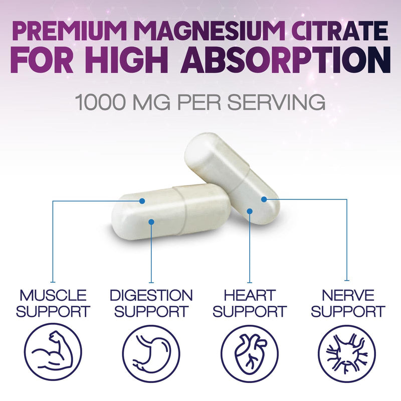 Magnesium Citrate Capsules 1000mg – High Absorption for Muscle, Nerve, Bone & Heart (60 Capsules)