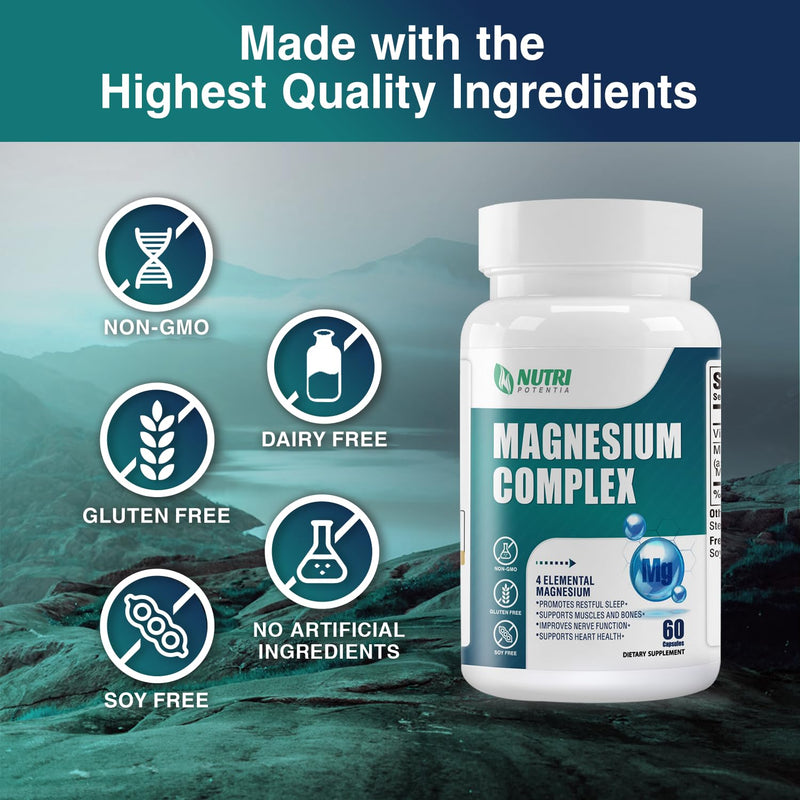 Magnesium Complex Supplement 500 mg – Glycinate, Citrate, Malate, Taurate + B6 | Bone, Heart, Muscle & Nervous System Support | 60 Capsules