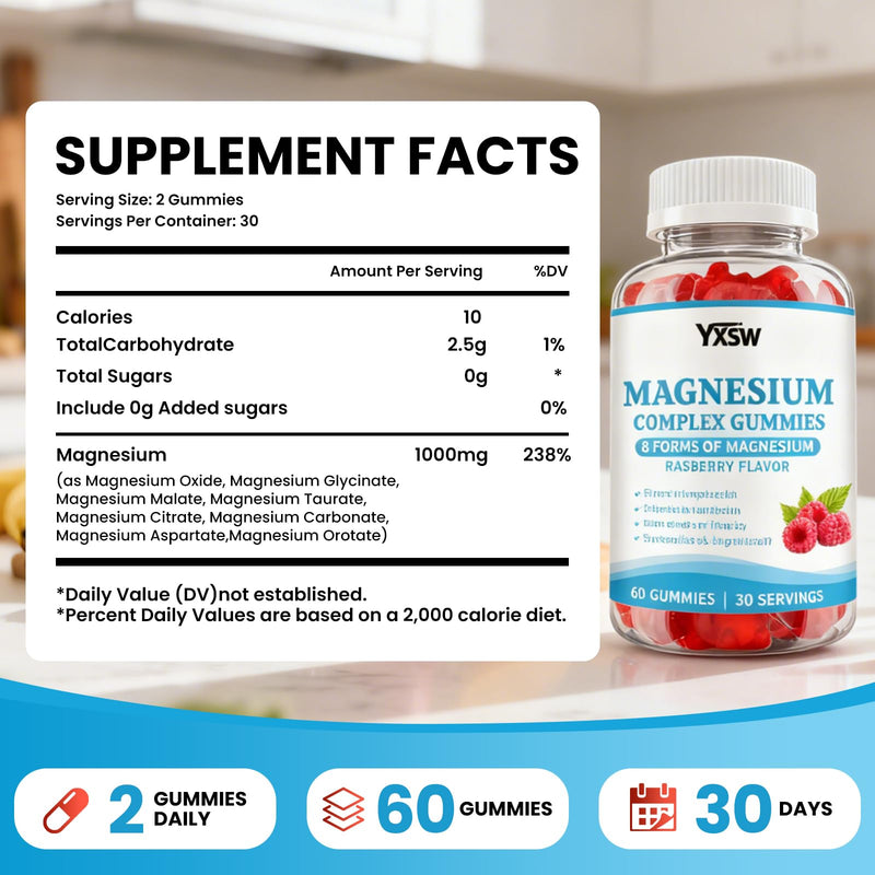 Magnesium Complex Gummies 8-Elemental 1000mg – Vegan, Raspberry, 60 Count