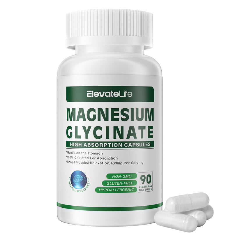 Magnesium Glycinate 400 mg – Chelated, High Absorption, Gentle on Stomach | 90 Vegetarian Capsules
