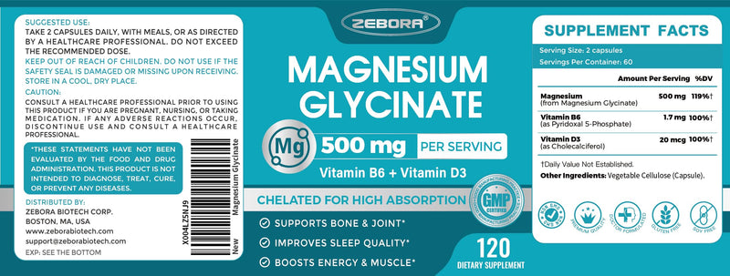 Magnesium Glycinate 500mg – High Absorption with B6 & D3 (120 Capsules)