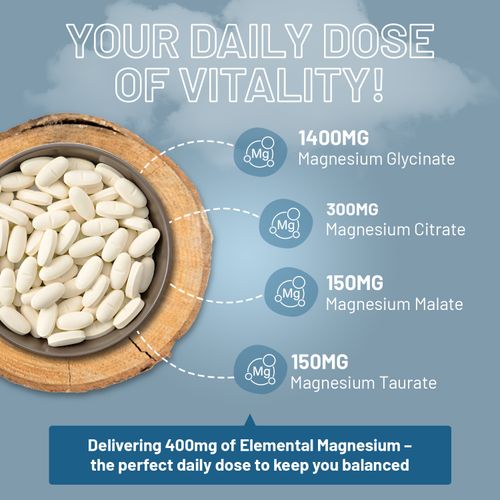 Magnesium Glycinate Complex 4 in 1 - 2000mg per serving | Precise 400mg Elemental Magnesium dose - InStock