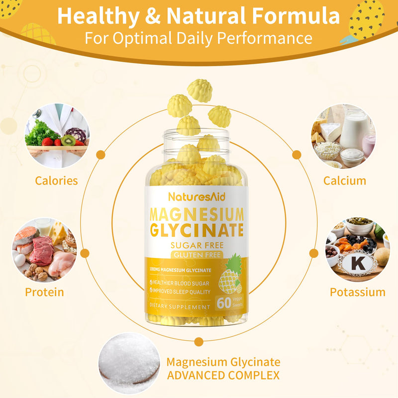 Magnesium Glycinate Gummies 1000mg – Sugar Free with Vitamin D, B6 & CoQ10 (60 Pineapple Gummies)