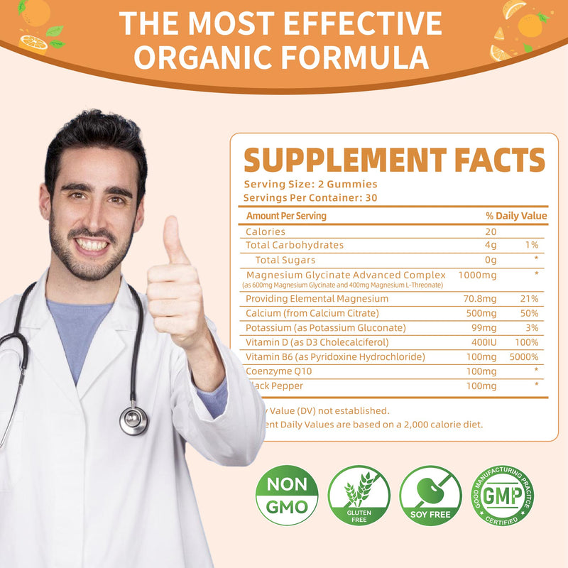 Magnesium Glycinate Gummies 1000mg - Sugar Free with Vitamin D/B6 & CoQ10 | 120 Orange Gummies (2 Pack)