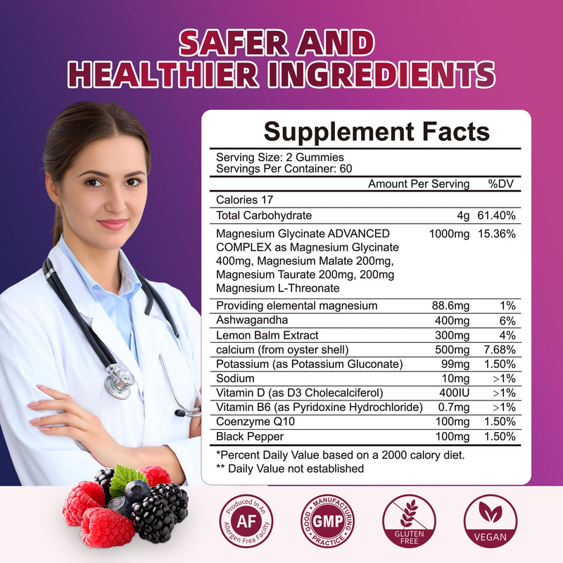 Magnesium Glycinate Gummies 120ct – 1000 mg, Sleep Support, Vegan, Sugar-Free (Raspberry-Blackberry-Blueberry)