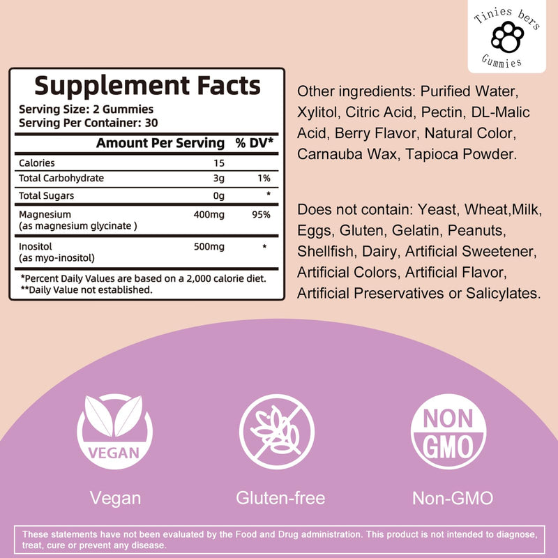 Magnesium Glycinate Gummies 400mg + Inositol 500mg for Women – Sleep & Stress Support, Sugar Free, Gluten Free, Vegan | 60 Gummies
