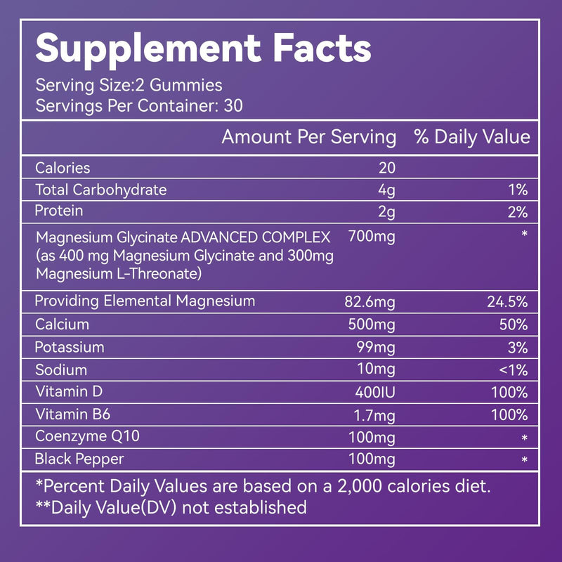 Magnesium Glycinate Gummies with Calcium, CoQ10, Potassium & Vitamins D & B6 – Sugar-Free, Vegan (60 Gummies)