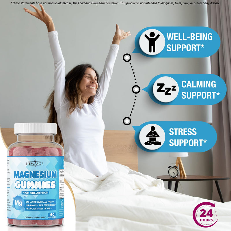 Magnesium Gummies – Calming Anti-Stress, Raspberry Flavor, Vegan, Gluten-Free, Non-GMO (60 Count) | New Age