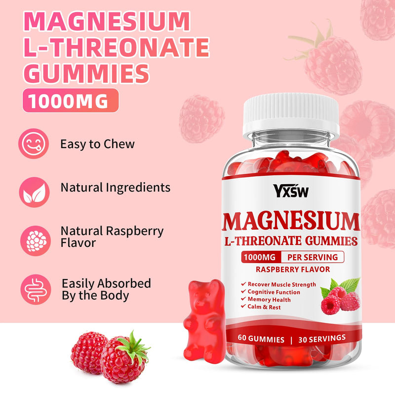 Magnesium L-Threonate Gummies 1000mg – Sugar-Free Raspberry Flavor for Kids & Adults | Muscle & Nervous System Support