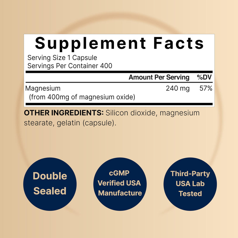 Magnesium Oxide 400mg – 400 Capsules | High Purity Elemental Magnesium | Non-GMO, Gluten Free