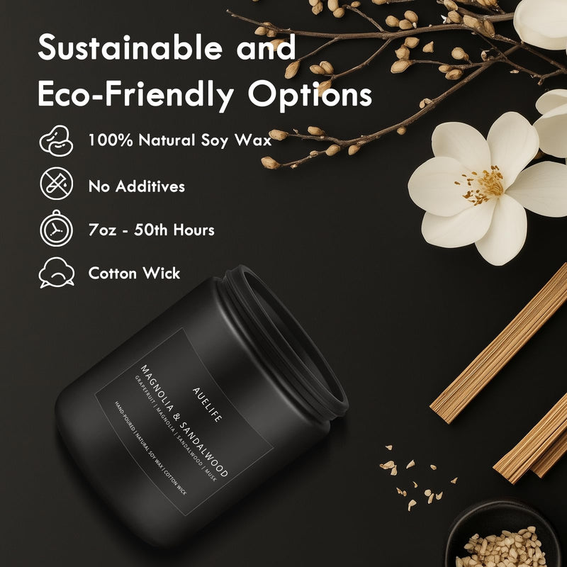 Magnolia & Sandalwood Candle | Masculine Soy Candle for Men | 7oz Black Jar