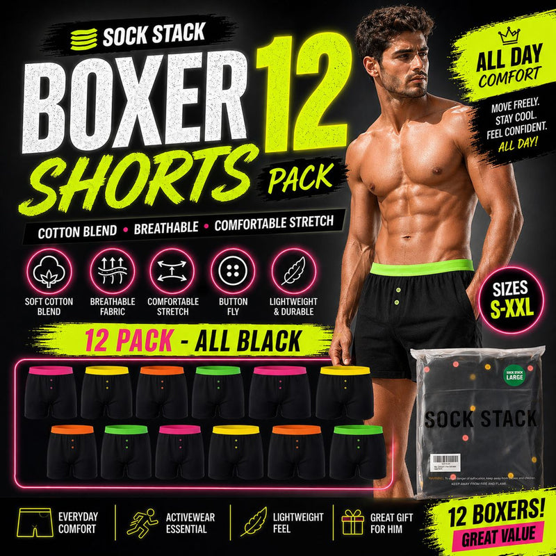 12 Pack Classic Menswear Black Cotton Blend Boxer Shorts Breathable Activewear Comfortable Stretch Colourful Waistband Durable Lightweight Button Fly Underwear MB08 by Sock Stack