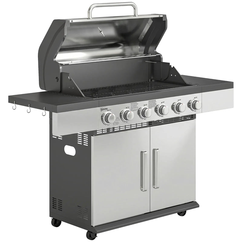 Outsunny 6 Burner Liquid Propane Gas BBQ Grill, Outdoor Portable Gas Barbecue Grill with Warming Rack, Side Tables, Cabinet