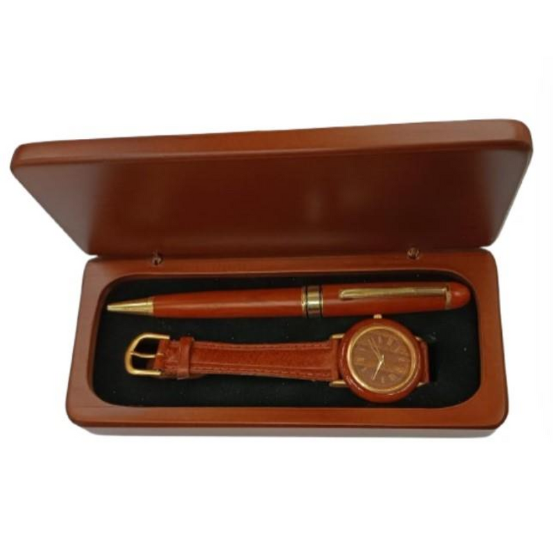 Imperial Ladies Leather Strap Watch with Wood Matt Brown Gold Trim Ball Pen IMP358R Watch Gift Set - CLEARANCE NEEDS RE-BATTERY & Refill