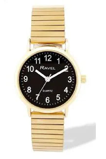 Ravel Ladies Basic Everyday Black Dial Golden Stainless Steel Expander Bracelet Watch