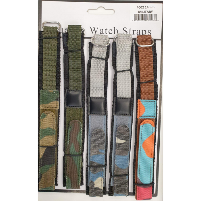 4002BVM PK5 BOYS VELCRO MILITARY CAMO WATCH STRAPS ASSTD COLOURS 14mm