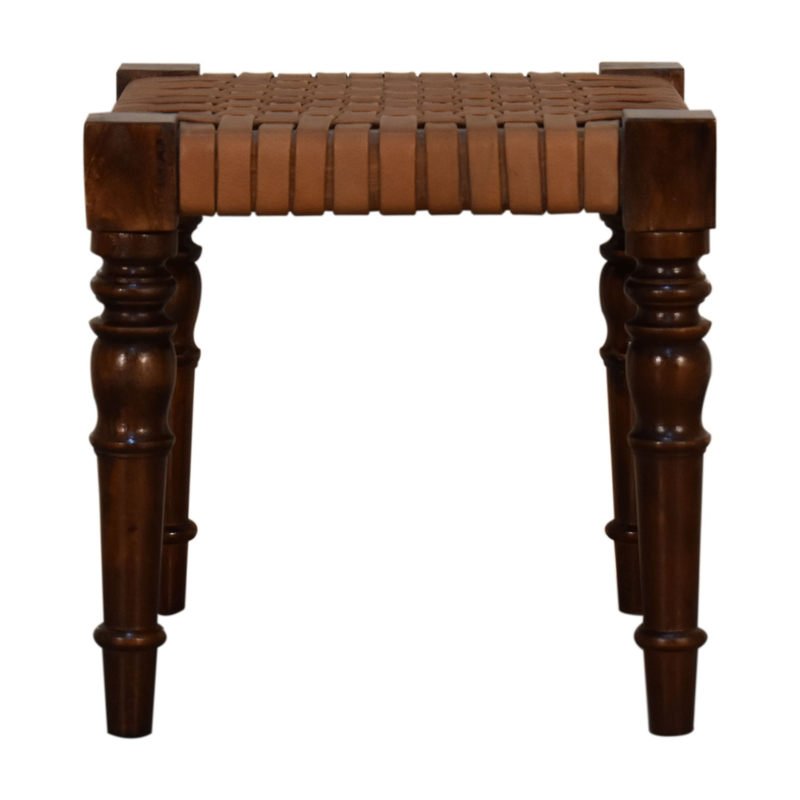 Artisan Furniture Solid Wood Woven Leather Footstool, Brown