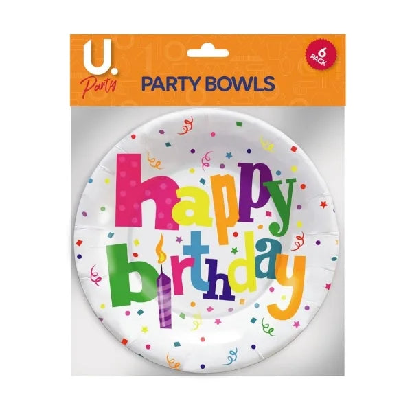 Disposable Paper Happy Birthday Party Bowls 6.5" Pack Of 6