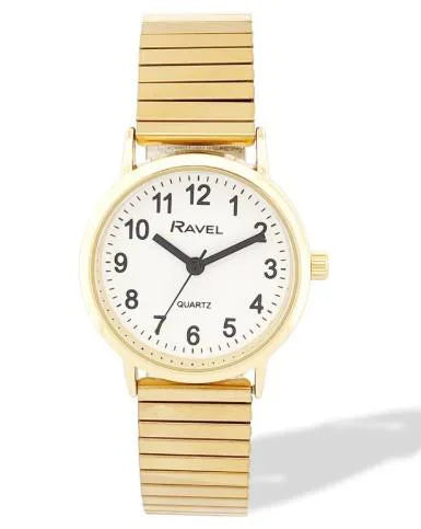 Ravel Ladies Basic Everyday White Dial Golden Stainless Steel Expander Bracelet Watch