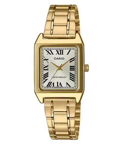 Casio Ladies Basic Water resistant Roman Number Golden Analogue Rectangle Dial Golden Stainless Steel Band Dress Watch