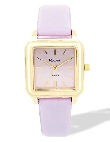 Ravel Ladies Fashion Summertime Square Gilt Case Dial with Purple Leather Strap Watch