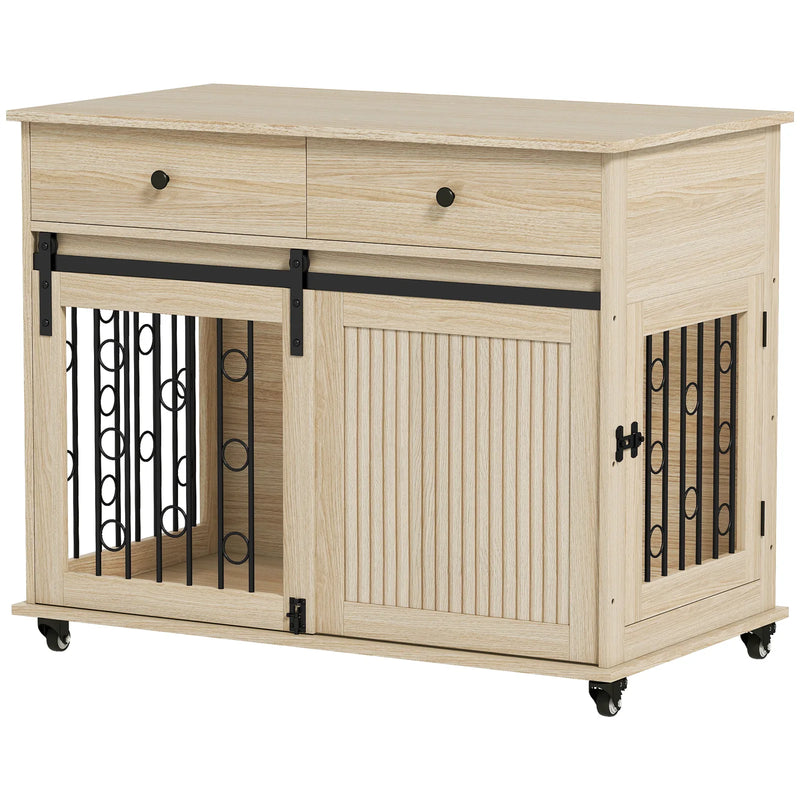 PawHut Dog Crate Furniture on Wheels, Dog Cage with 2 Drawers, Sliding Door, for Medium Large Dogs, Oak Tone