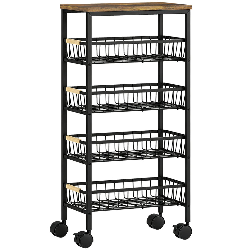 HOMCOM Metal Kitchen Trolley, 4-Tier Storage Trolley with Pull-Out Baskets and 4 Swivel Casters for Kitchen, Rustic Brown