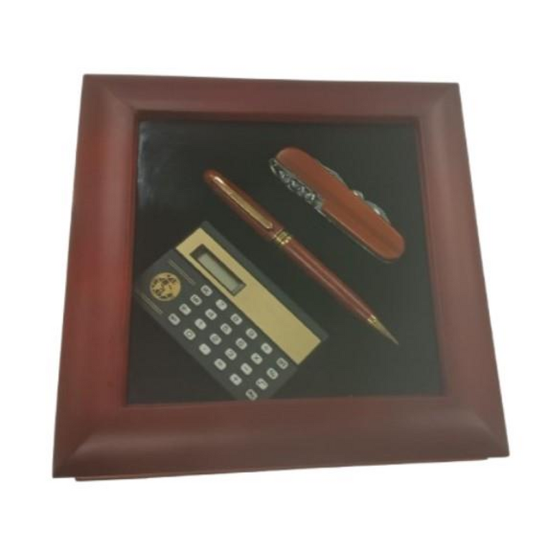 Imperial Mini Calculator & Pocket Knife Set with Wood Matt Brown Gold Trim Ball Pen IMP366 Clock Gift Set - CLEARANCE NEEDS RE-BATTERY & Refill