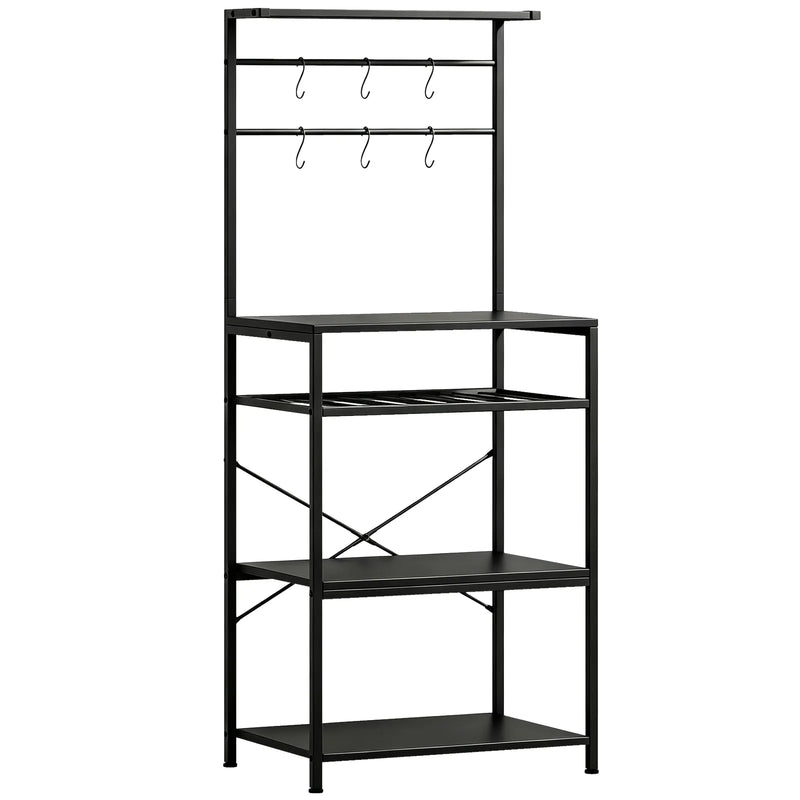 HOMCOM Freestanding Shelving Unit, Industrial Storage Shelf with 6 Hooks and Wine Rack for Living Room, Home Office, Black