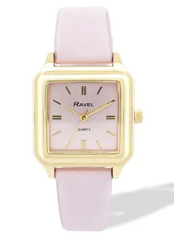 Ravel Ladies Fashion Summertime Square Gilt Case Dial with Pink Leather Strap Watch