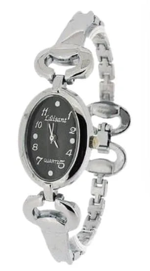 Luisant Ladies Fashion Oval Black Dial Silver Steel Bracelet Strap Watch - CLEARANCE NEEDS RE-BATTERY