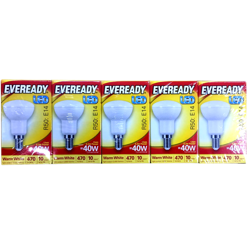 Eveready LED  Bulb 470lm R50 E14 Warm White 40W Pk of 5