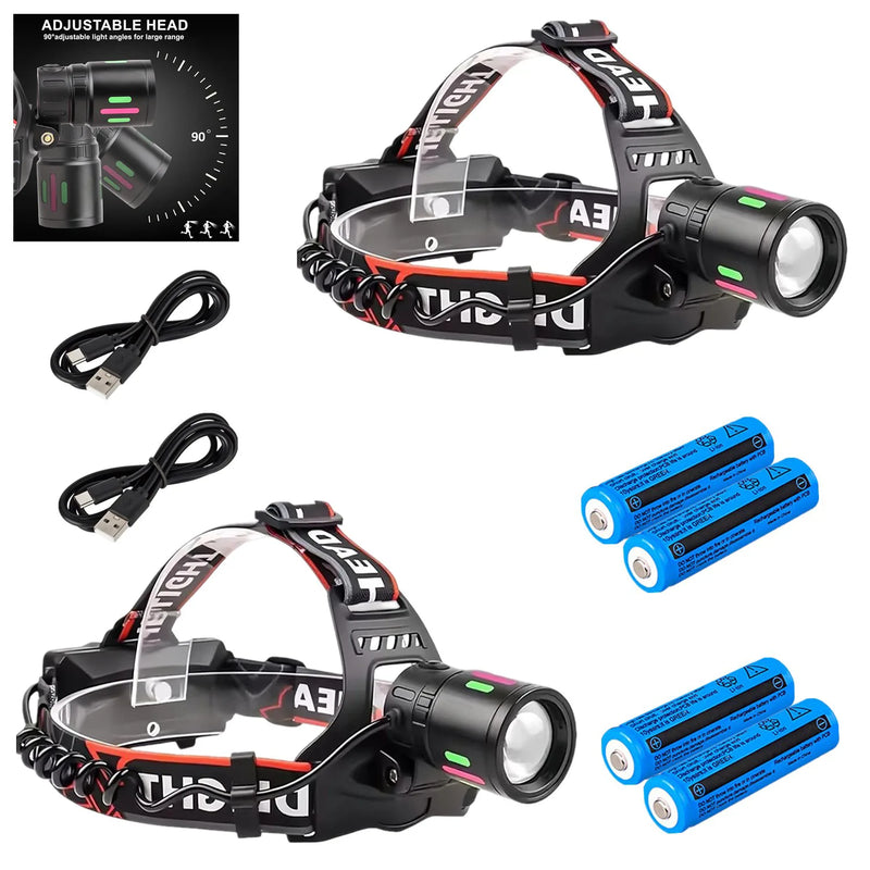（2 Pack）USB Rechargeable LED Headlamp Zoomable 3-Modes Camping Hiking HeadLamp Worklight