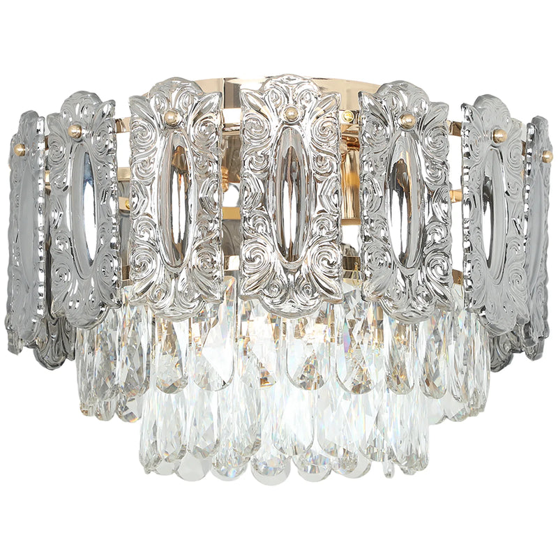 HOMCOM Chandelier Ceiling Light, 3-Light Flush Mount Fixture with Dual Crystal and Smoke Glass Shade, 40 cm LED Ceiling Light for Living Room Bedroom, 3 E14 Sockets, Bulbs Not Included, Gold Tone