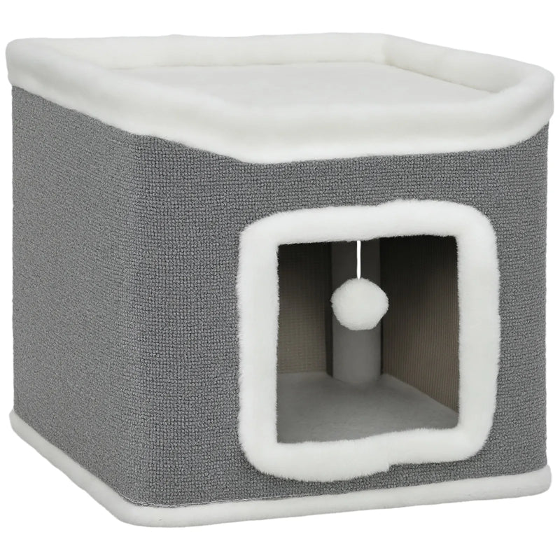 PawHut Cat House for Indoor Kittens, 2-Level Cat Cave Bed with Fluffy Balls, Top Bed, Kitten Barrel for Multi Kitties, Grey