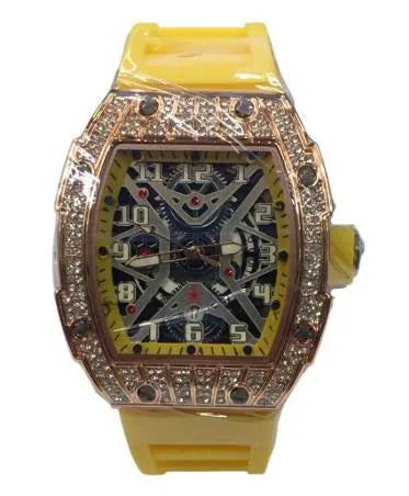 New Rubber Gents Rose Bling Fashion Quartz Movement Skeleton Clear Dial Yellow Rubber Strap Watch