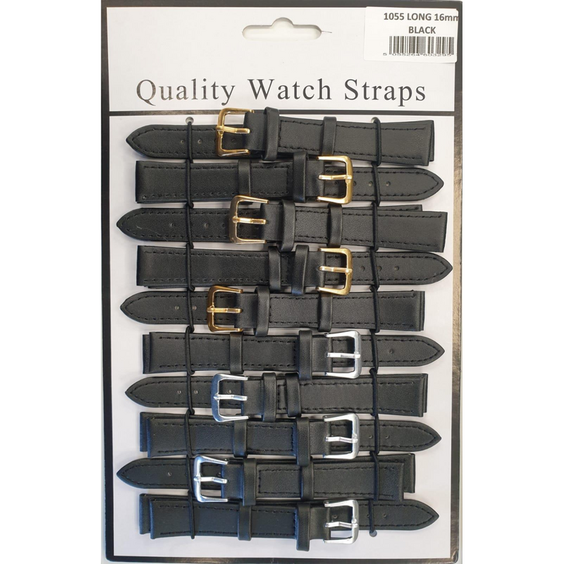 Leather Black Extra Long Watch Straps Pk10 size 16mm 1055.05