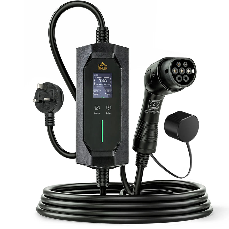 HOMCOM EV Charger Type 2 to 3 Pin Plug, 10 m, 2.8 kW, 6-13 A, Electric Car Charger Type 2 Charging Cable w/ 1-12 h Time Delay