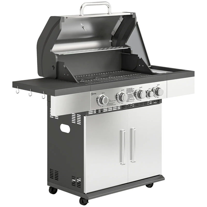 Outsunny 4 Burner Gas BBQ Grill, Portable Gas Barbecue Grill with Side Burner, Warming Rack, Side Shelf, Storage Cabinet