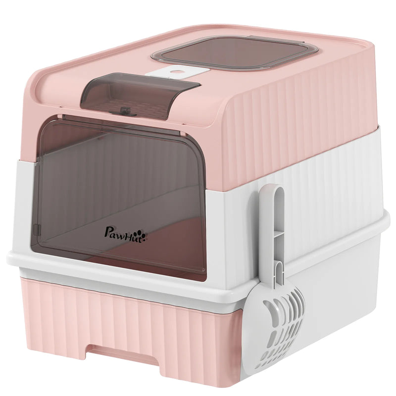 PawHut Enclosed Cat Litter Box with Lid, Pull-Out Drawer Tray, Scoop, 2 Deodorisation Bags, Front Entry & Top Exit, Pink