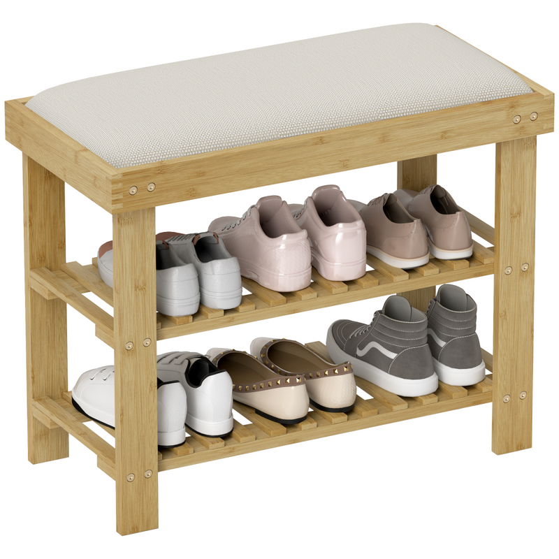 HOMCOM 3-Tier Shoe Storage Bench, Bamboo Shoe Rack for Entryway, Cream