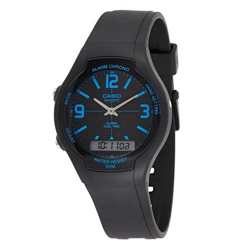 Casio Mens Dual Digital Time Black Dial Black Rubber Strap Watch - AW-90H-2BVDF
