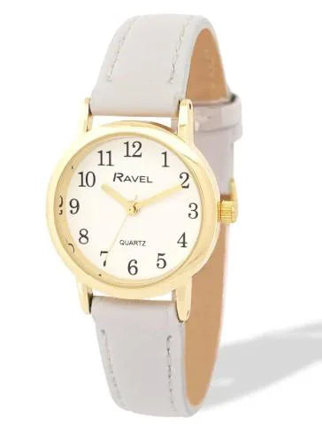 Ravel Ladies Basic Small Gilt Case White Dial Grey Leather Strap Watch