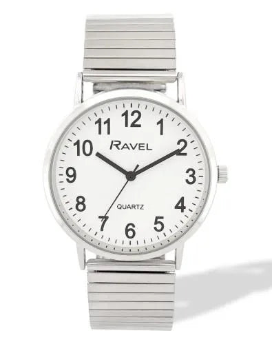 Ravel Mens Basic Everyday White Dial Silver Stainless Steel Expander Bracelet Watch