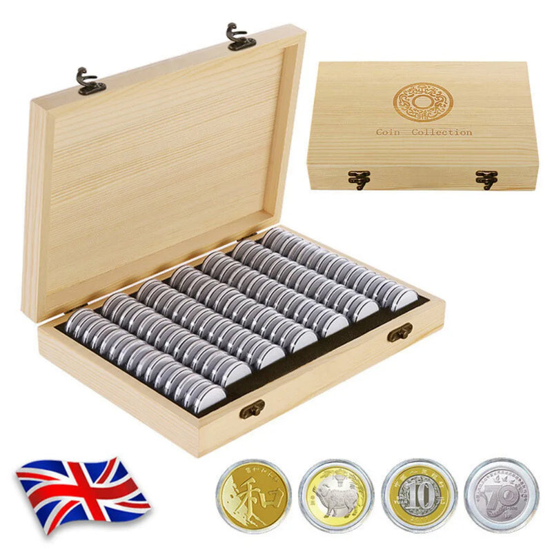 100Pcs Coins Display Storage Box Case Capsules-Wooden For Collectible Coin UK